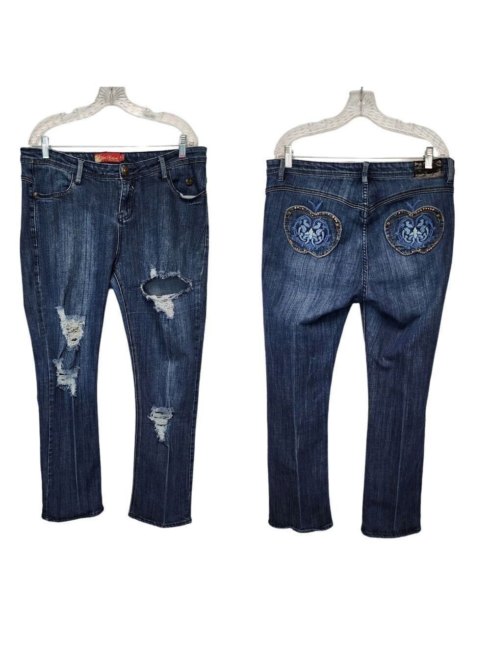 Vintage Apple Bottom Blue Denim Straight Leg Ripped & Distressed Jeans Size 16